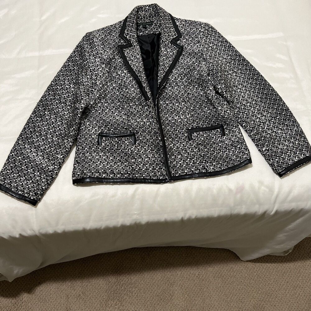 Vintage Harve Benard Black White Old Money Tweed Open Front Blazer Womens XL Y2K